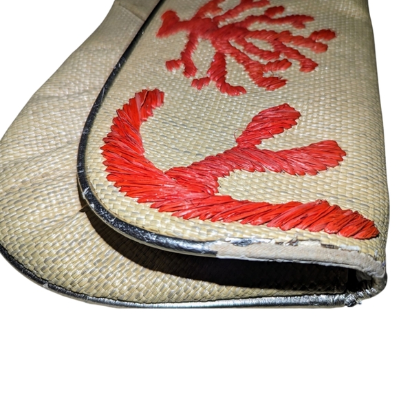 FELIX REY Spring Straw Rattan Clutch Purse Wristlet Orange Embroidery Detail - Picture 9 of 9
